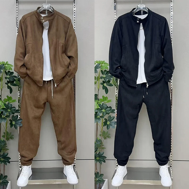 2025秋季新款纯色简约休闲套装男士痞帅宽松立领外套束脚裤两件套