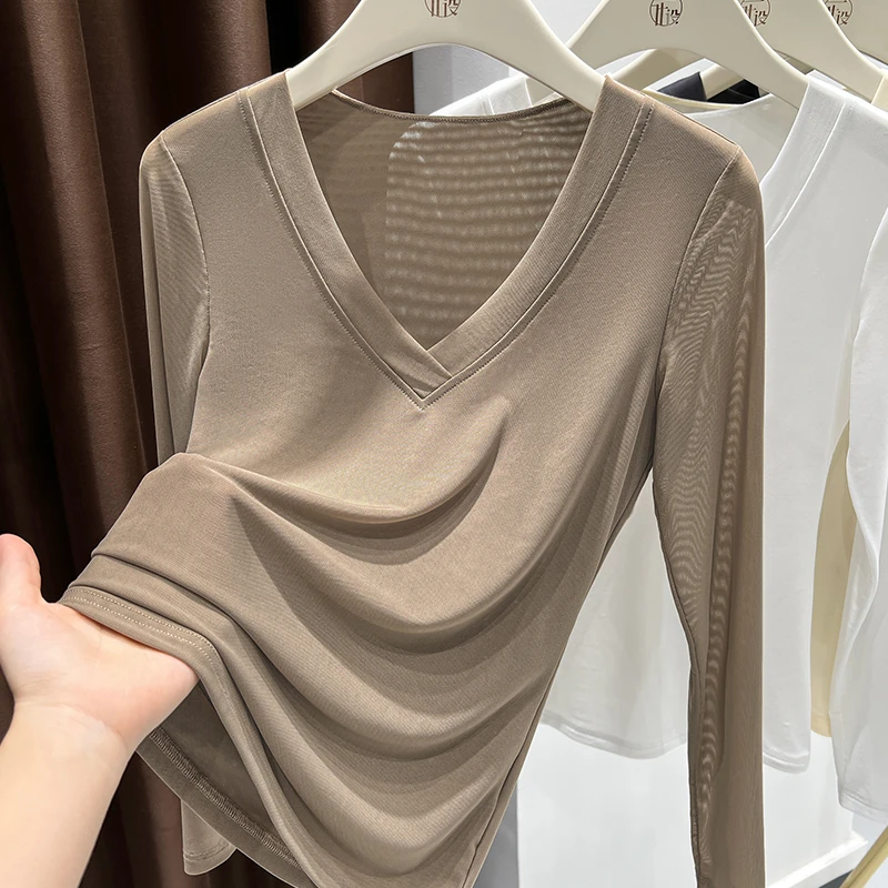 2025秋冬新款V领长袖网纱T恤修身显瘦弹力小衫软糯亲肤百搭打底衫