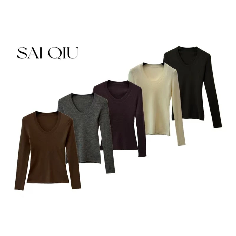 SAI QIU 冬季秋季女长袖毛针织衫上衣U领内衣全毛打底衫