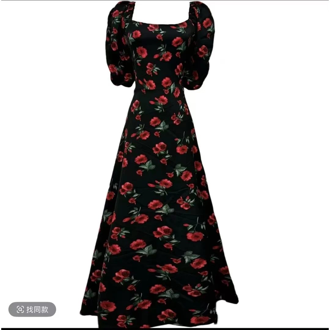 （大田小田）【野玫瑰】后背打揽碎花连衣裙女夏泡泡袖气质长裙