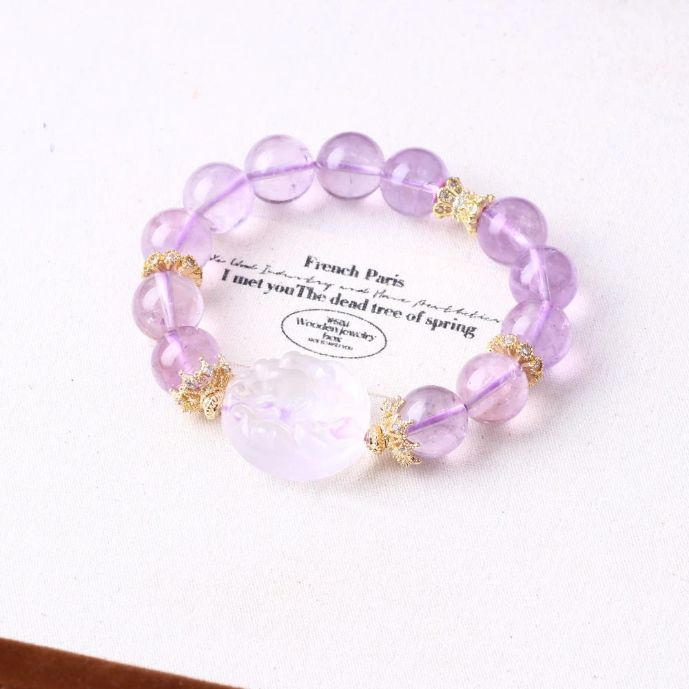 天然薰衣草紫水晶11mm手链白水晶凤九隔珠独特设计D029