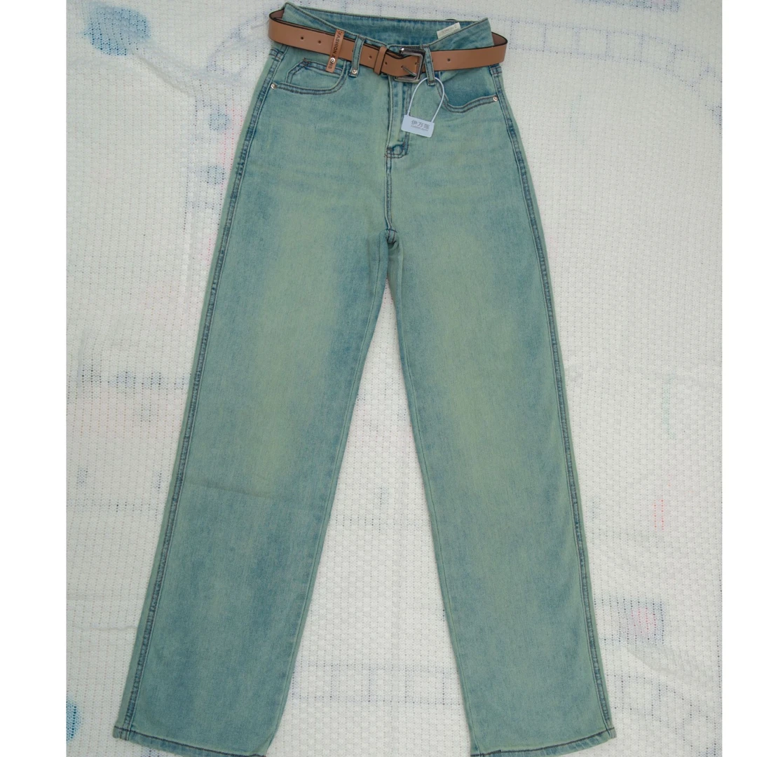 春季高腰阔腿牛仔裤女宽松显瘦直筒拖地裤复古水洗设计时尚百搭