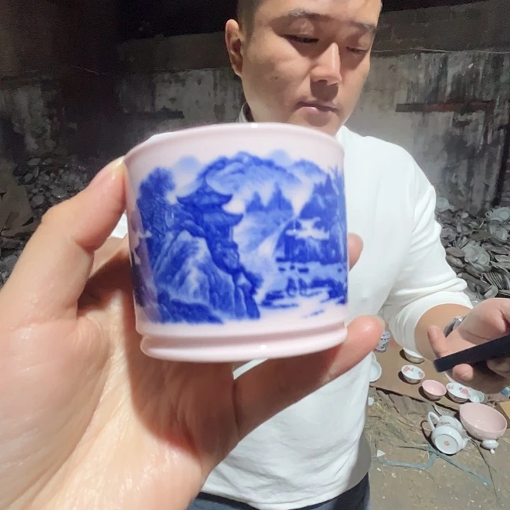 瓷片景德镇陶瓷红稀稀山水直筒杯