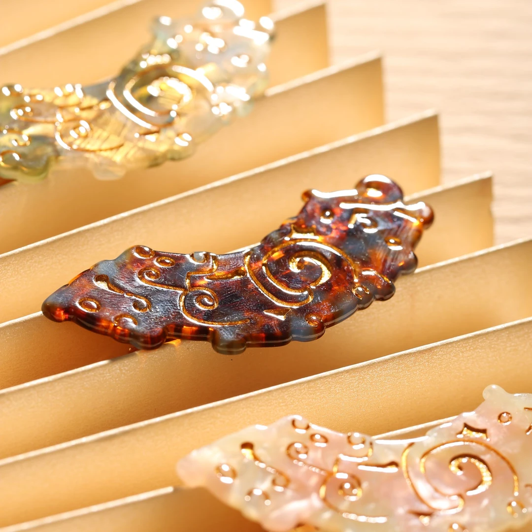 人龙纹玉璜醋酸金色中古发夹素款发饰重工一套装手工文创发夹