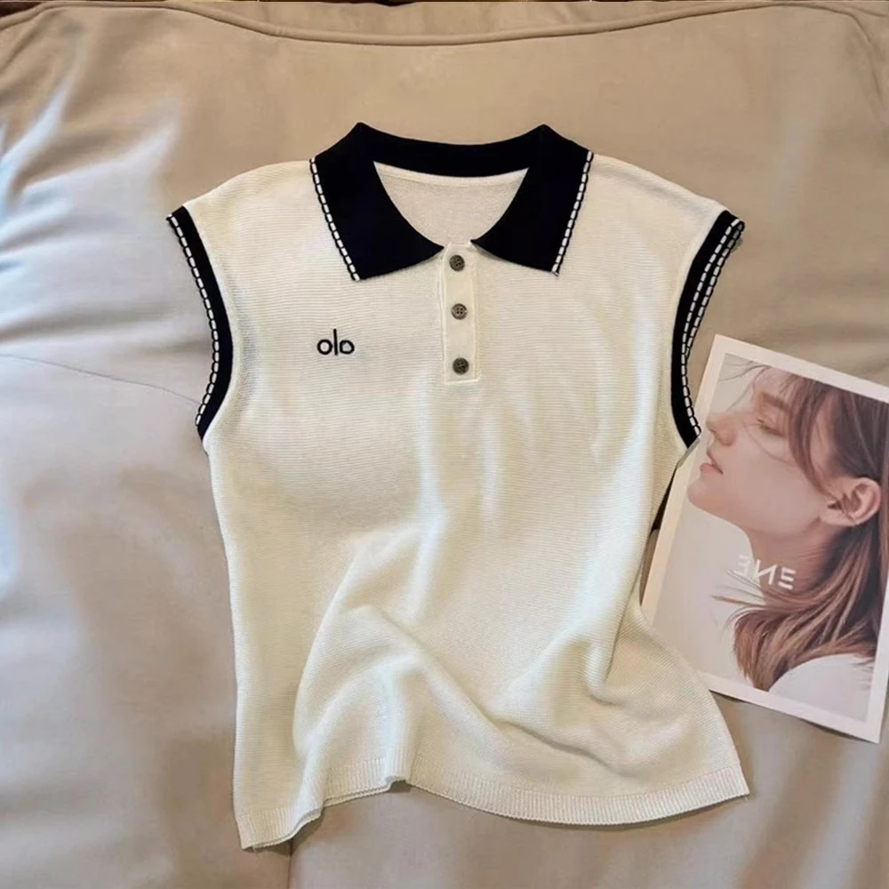 夏季法式小香风字母翻领刺绣毛针织衫拼接毛衣多巴胺时尚百搭穿搭