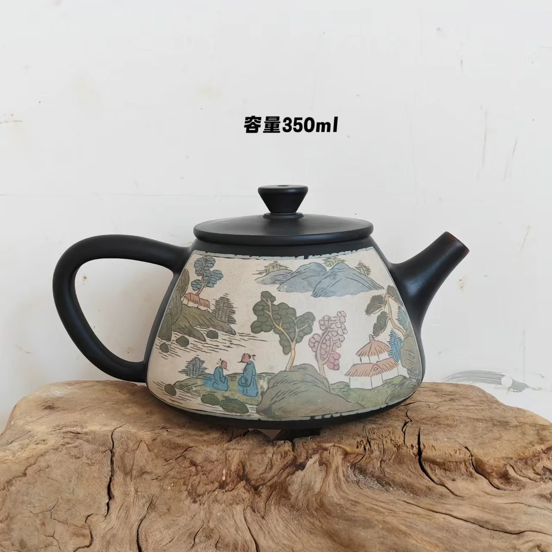 云南建水紫陶原矿大容量多道阴刻阳填彩填精品纯手工制作茶壶