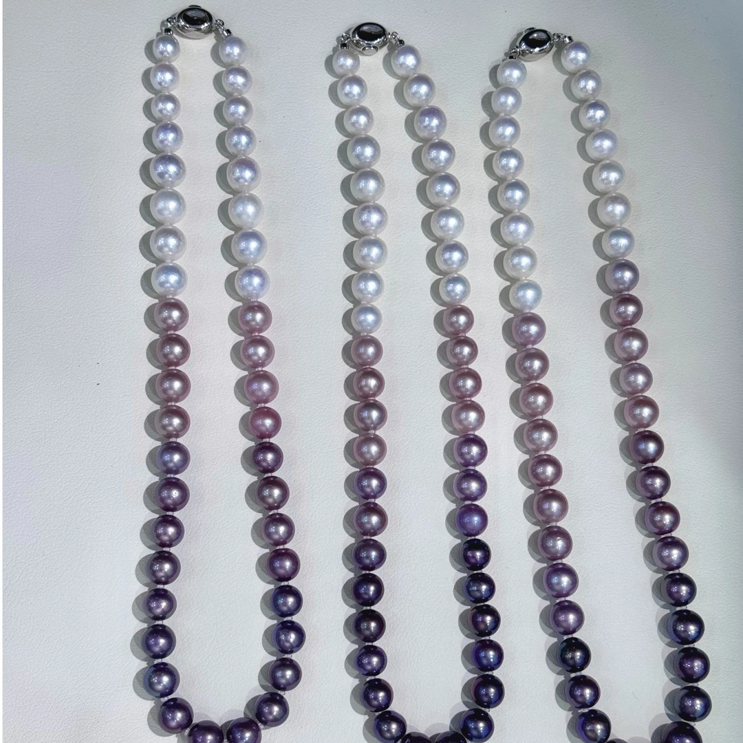 天然淡水【四季彩】妖紫渐变色珍珠项链8-10mmS925银（多样性发货1条