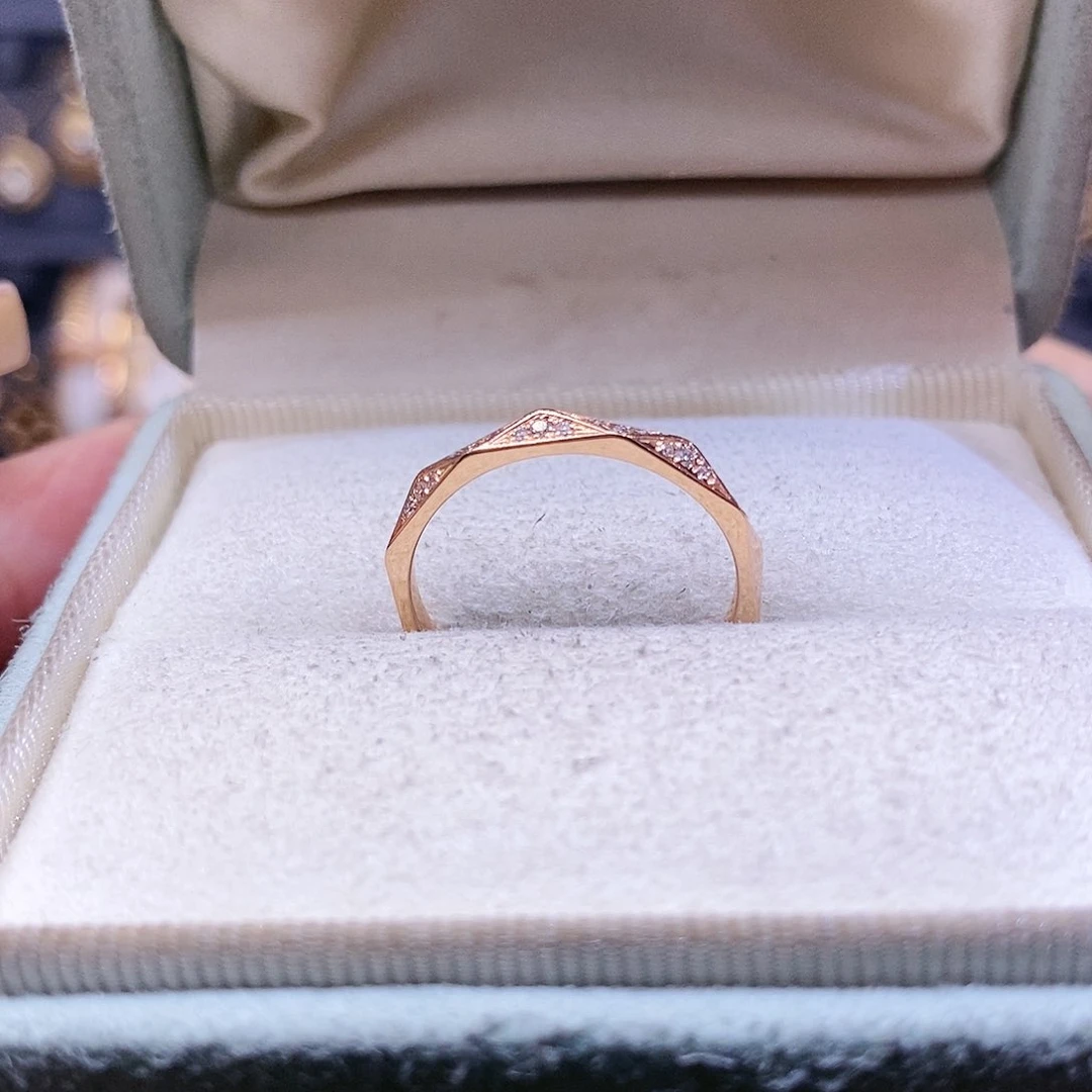 钻石戒指/指环18K金镶嵌k玫窄版几何半钻戒指