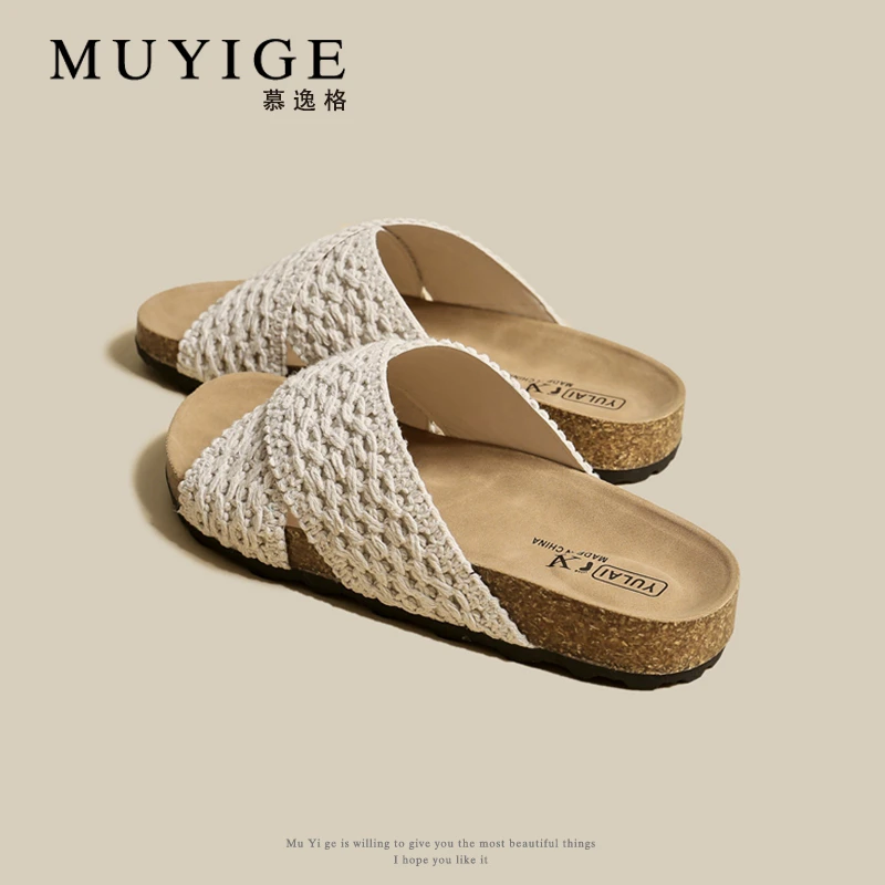 交叉带针织拖鞋女夏季外穿2025新款复古厚底勃肯鞋沙滩度假凉拖鞋