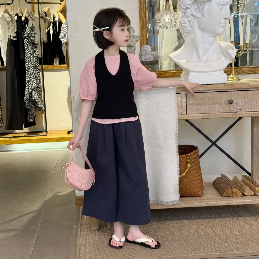 法式甜美粉色泡泡袖衬衣挂脖式背心两件套女童夏季甜酷水洗棉套装