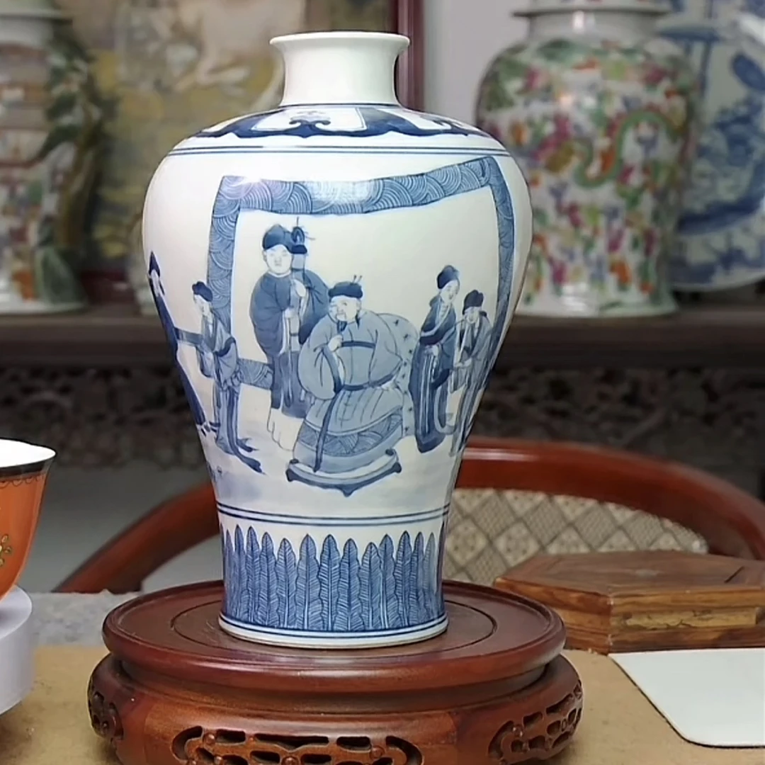 青花锦香亭记人物故事梅瓶   高23.5公分 口径5公分 全品