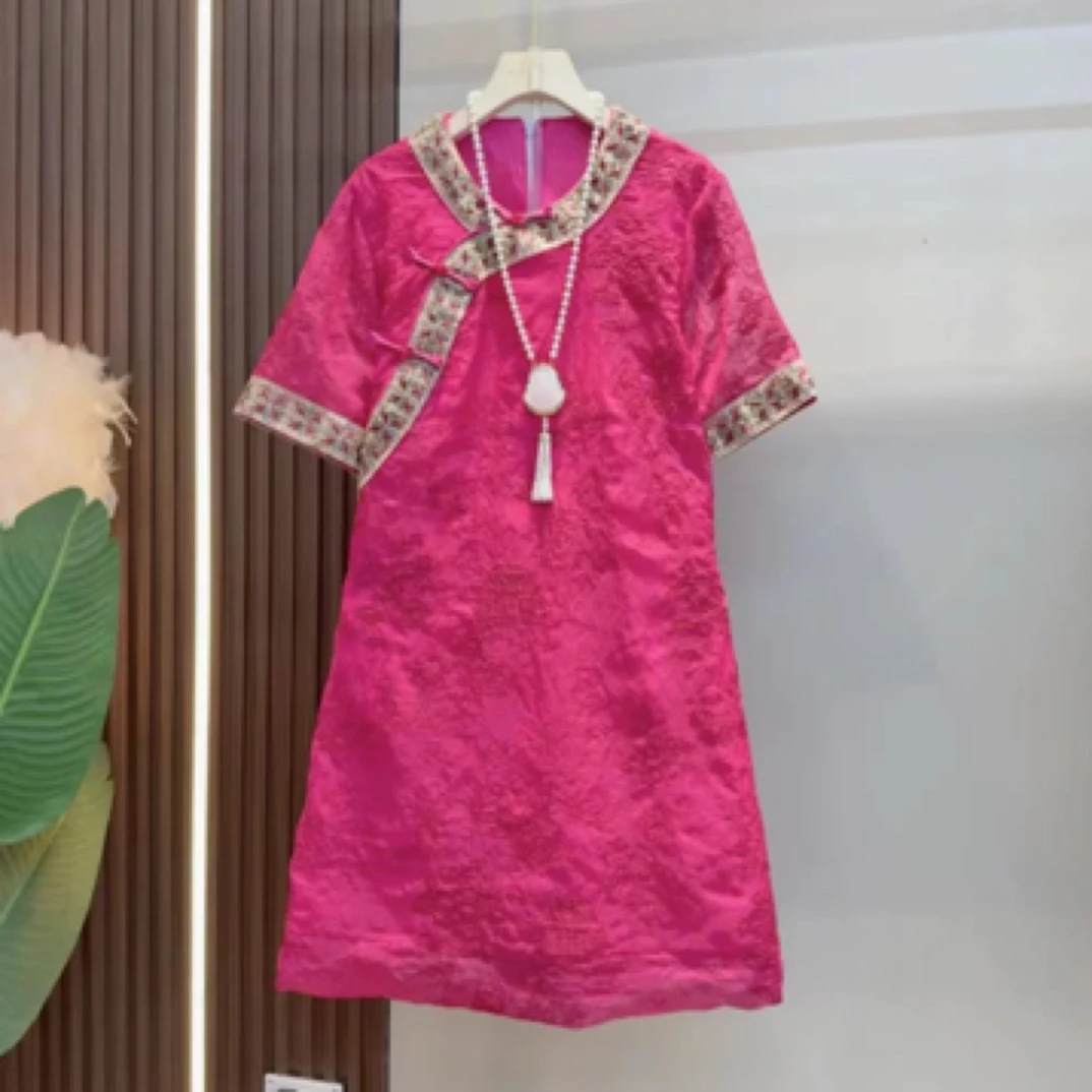 网红气质红色中国风提花唐装中长款连衣裙女复古夏季胖mm遮肉显瘦