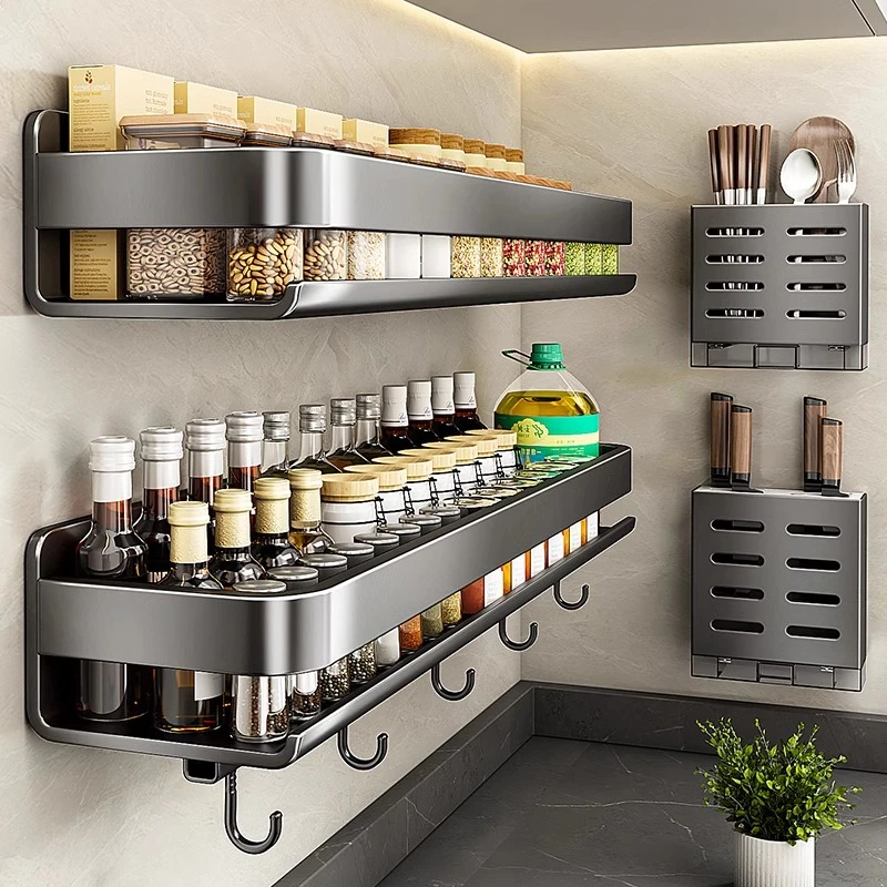 枪灰厨房调料置物架不锈钢免打孔家用壁挂油盐酱醋瓶罐墙上收纳架