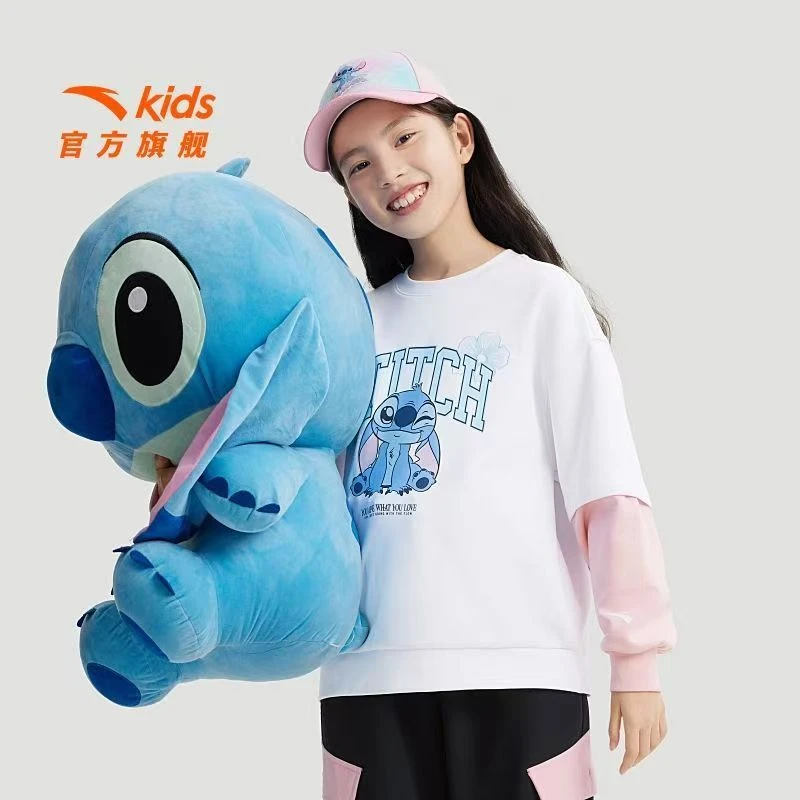 安踏儿童史迪奇IP卫衣女童针织套头衫蓝色圆领女孩卫衣362431702