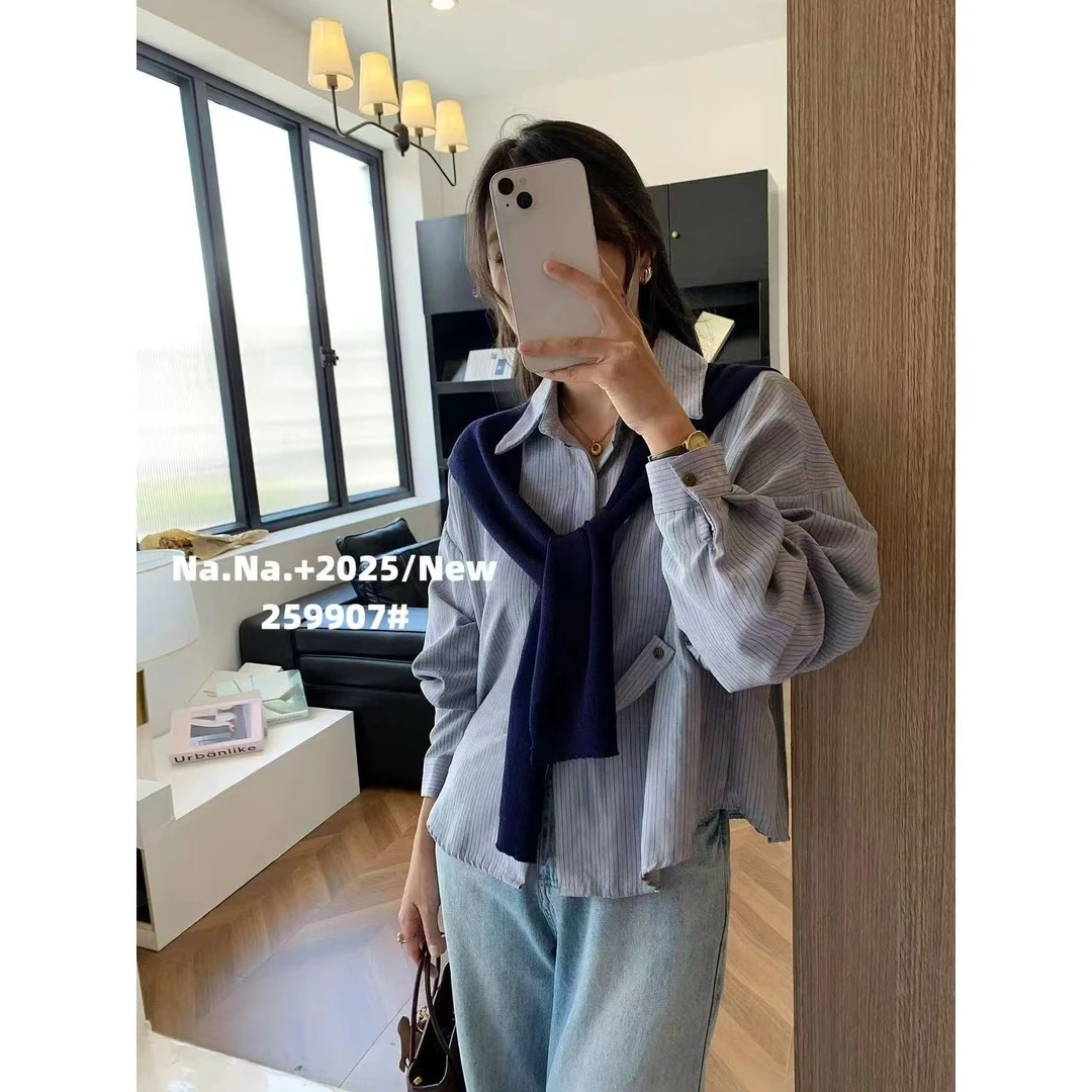 落肩袖长袖运动风条纹厚款衬衫休闲披肩富家千金风