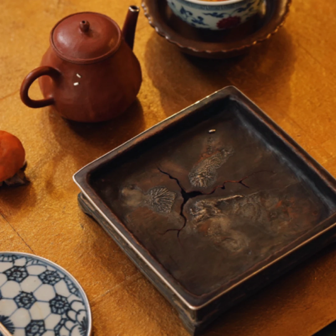七彩光四方壶承托盘日式复古锡银铜茶道创意泡台陶瓷纯手工