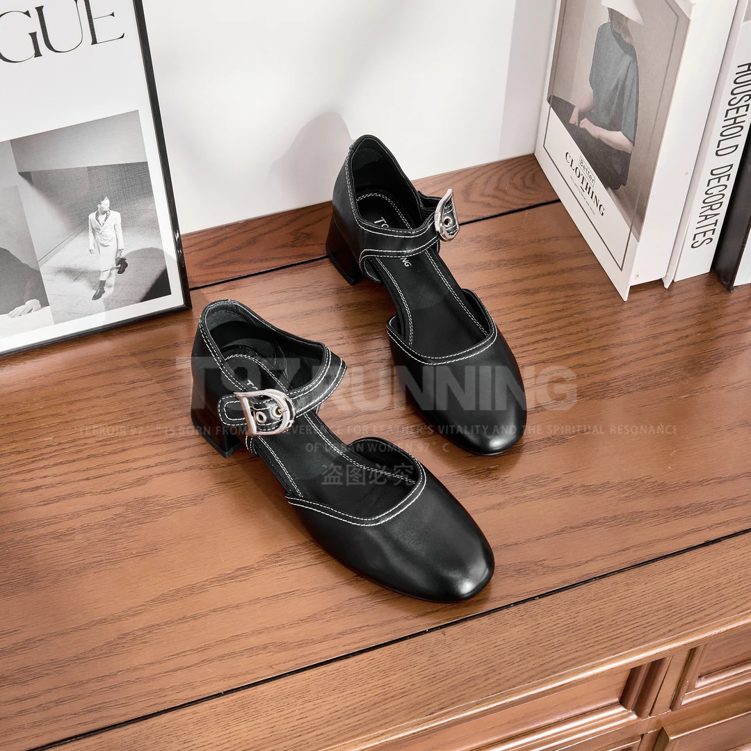 -2025夏季新款中空包头凉鞋女粗跟百搭中跟圆头玛丽珍凉鞋8897