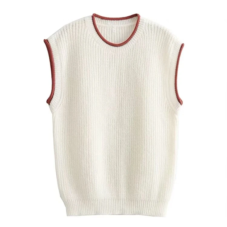 C047时尚英伦范百搭撞色无袖针织红边毛衣宽松休闲短款小上衣