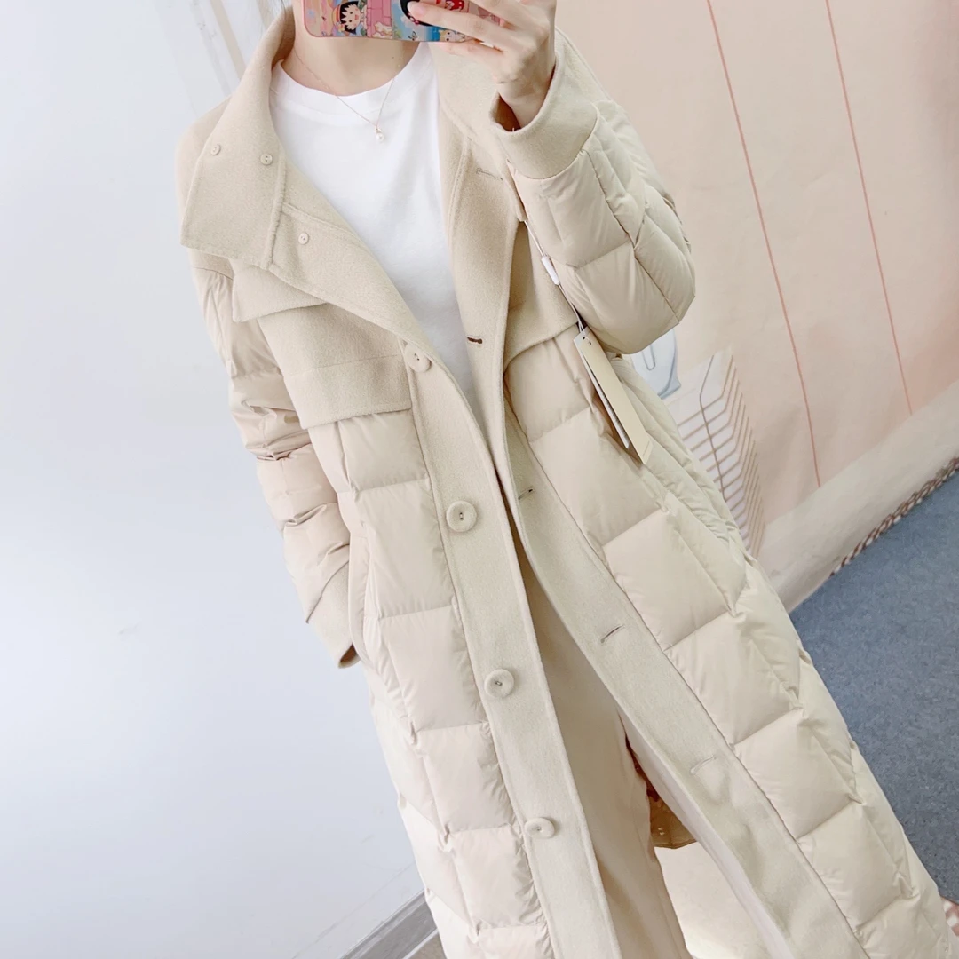 529气质翻领中长款双面拼接羽绒服外套529