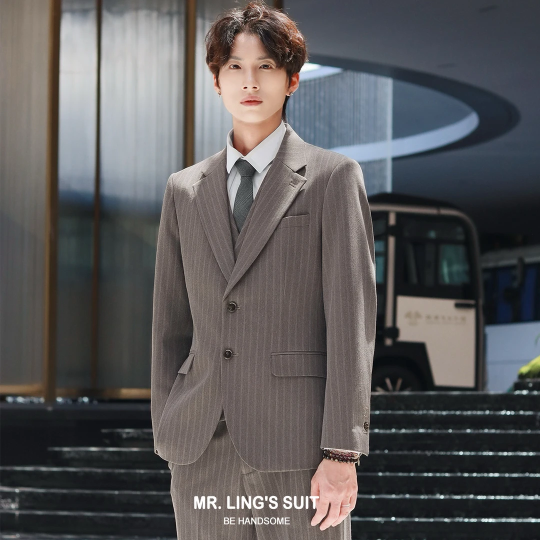 高级感条纹西服套装男商务休闲面试西装上班通勤正装新郎结婚礼服