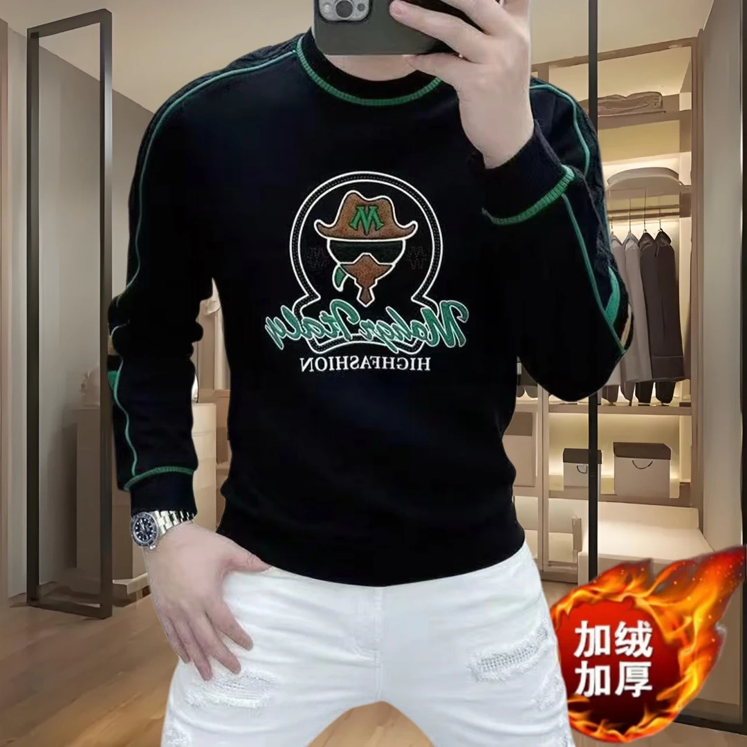 欧货2025冬季男士长袖加绒加厚卫衣潮流时尚个性刺绣百搭保暖上衣