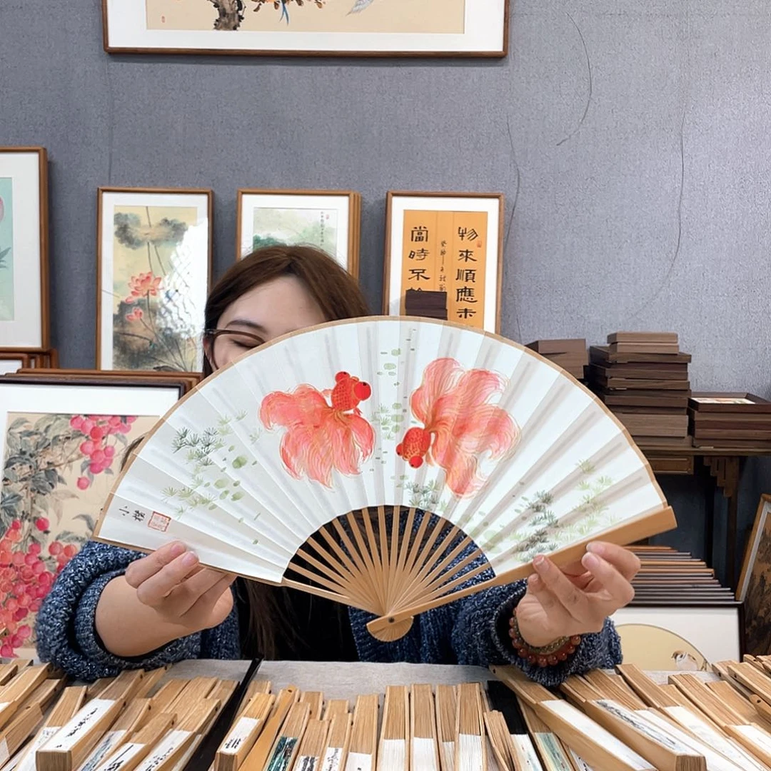 国画8寸玉竹-纯手绘-文玩扇骨（默认粘好）