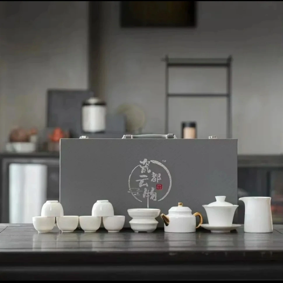 A-50(礼盒装)凤鸣茶壶旋转三才盖碗羊脂玉瓷描金功夫茶具套装