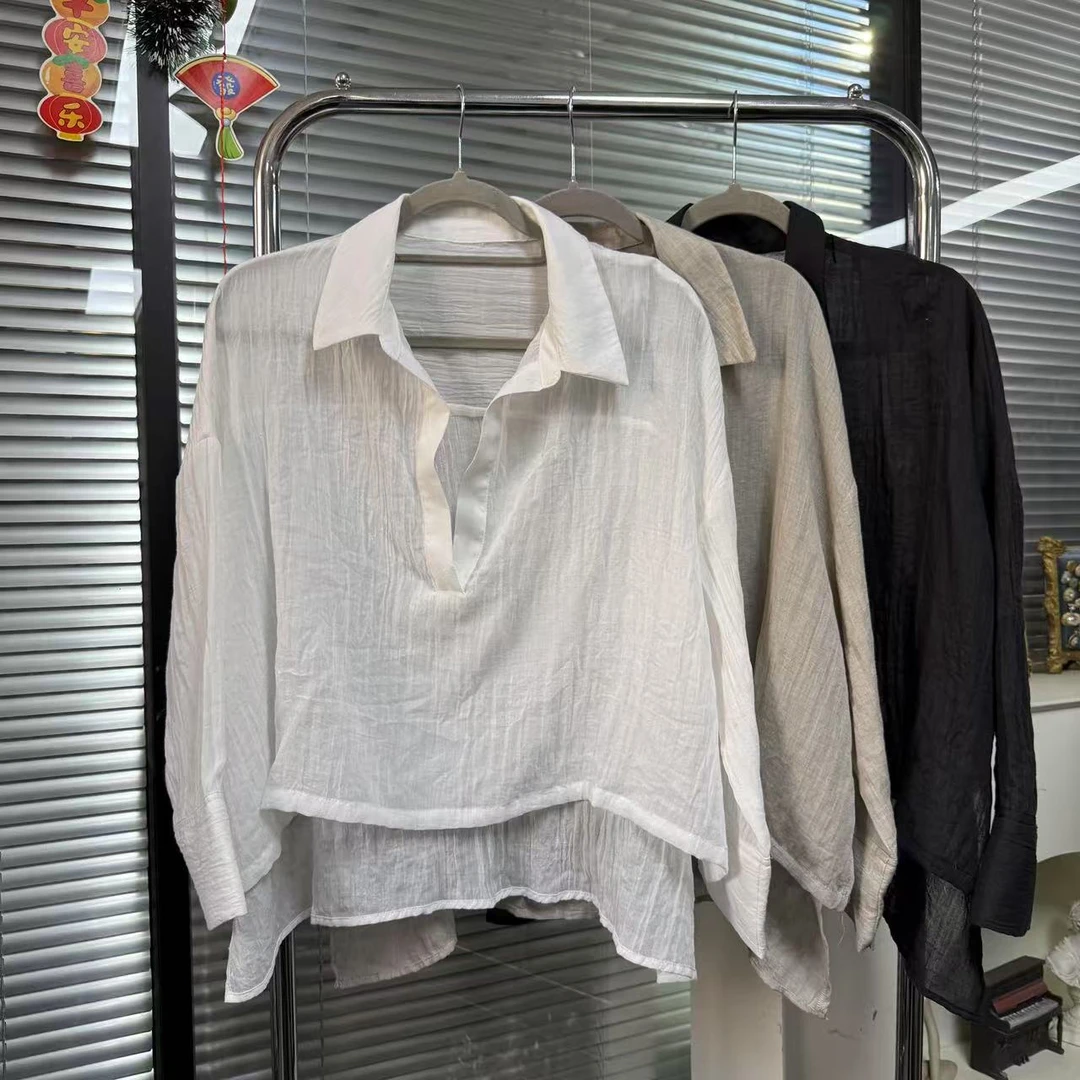 【外贸精品】5049 深v肌理感前短后长文艺宽松 衬衫