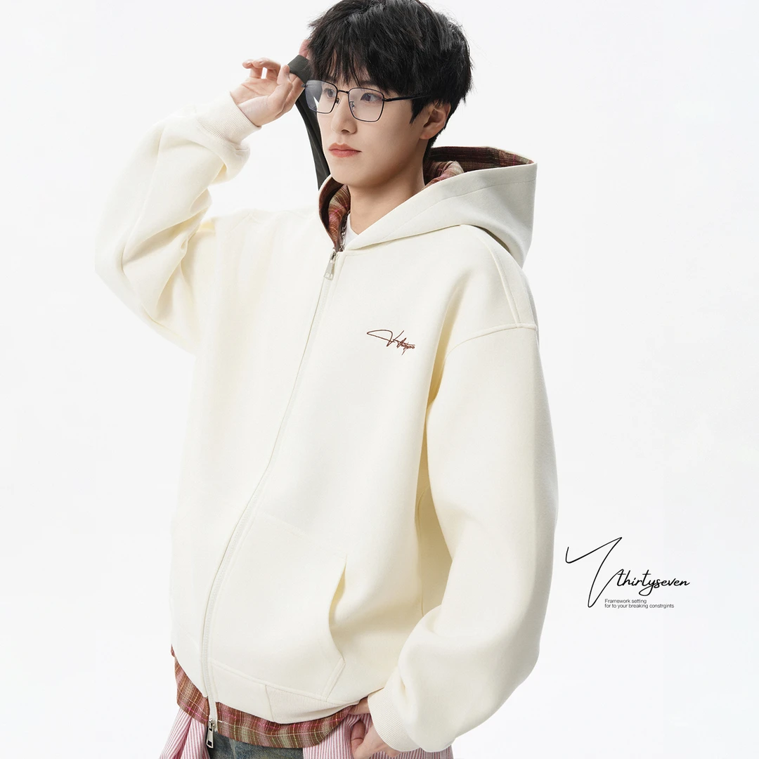 V37美式假两件开衫外套男秋季青少年格子休闲夹克宽松运动卫衣潮