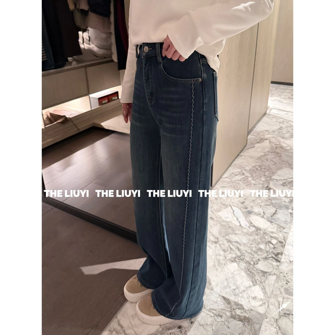 【LIUYI】冬季保暖厚绒波浪纹明线裤缝窄版牛仔裤51110A9