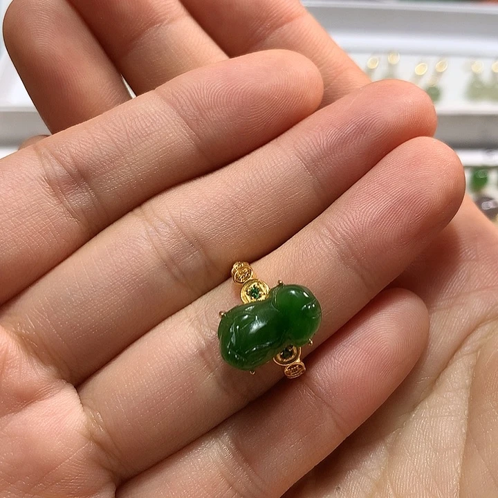 银S925镀金镶嵌戒指和田玉（碧玉）娥