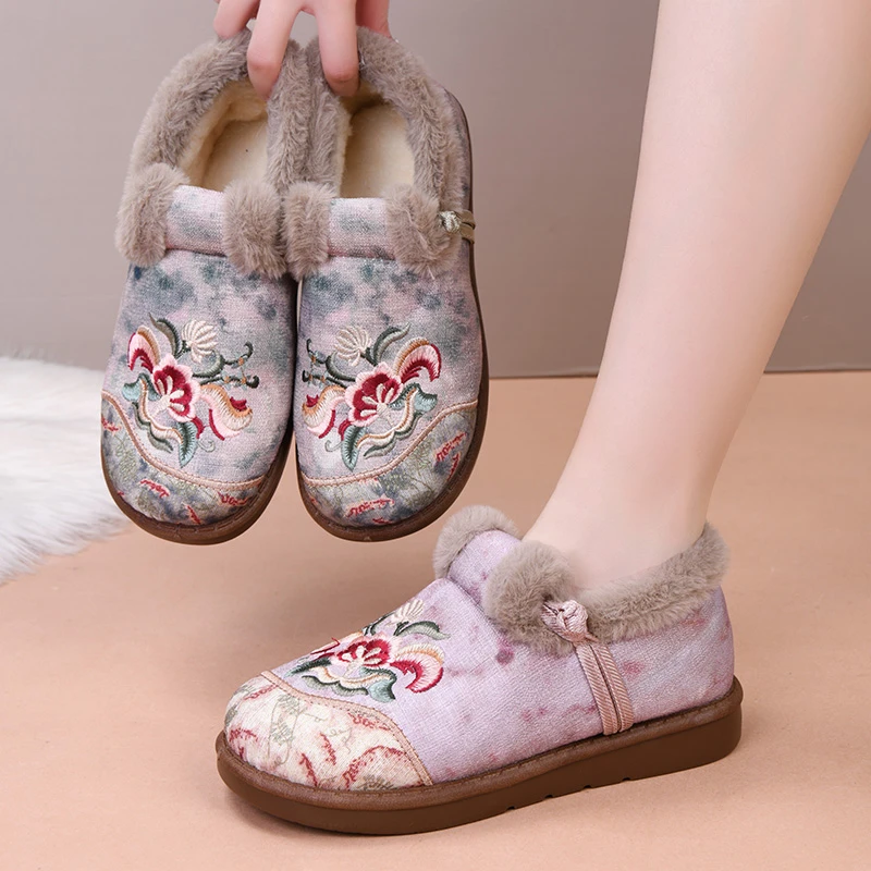 2025新款冬季老北京棉鞋女加绒加厚保暖妈妈鞋一脚蹬厚底绣花鞋