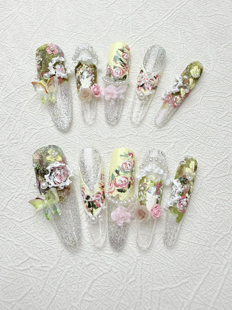 纯手工穿戴甲真干花彩绘雕花华丽复古精致重工小众油画2025新款