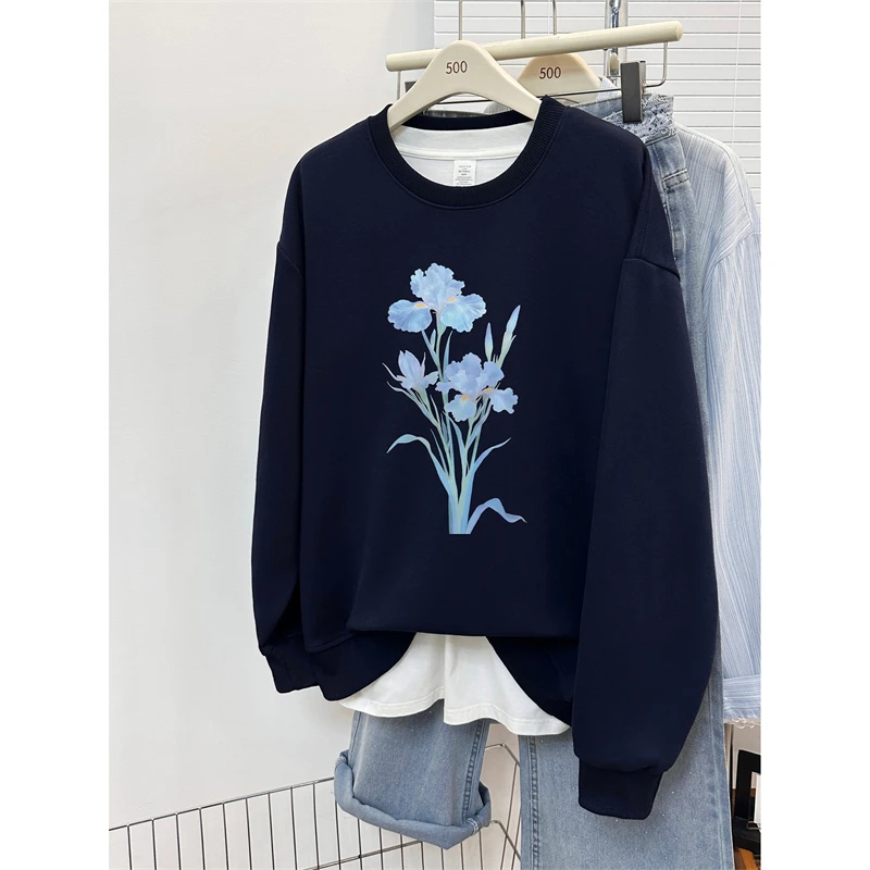 花卉印花圆领卫衣女装秋冬新款大码胖mm宽松慵懒加绒加厚上衣潮服