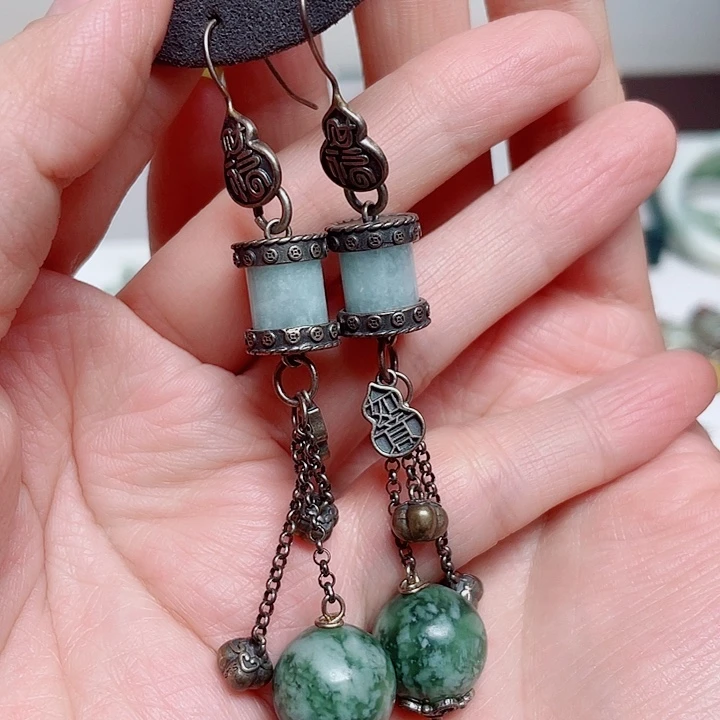 爱***子透闪石-蛇纹石玉银S925镶嵌耳环