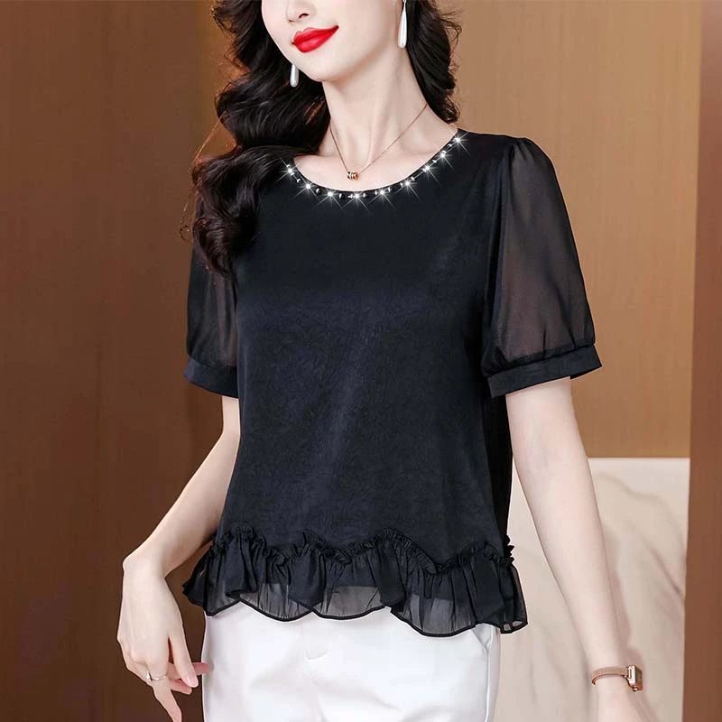 时尚小众夏季荷叶边气质醋酸缎面上衣短袖减龄显瘦遮肚钉珠衬衫女