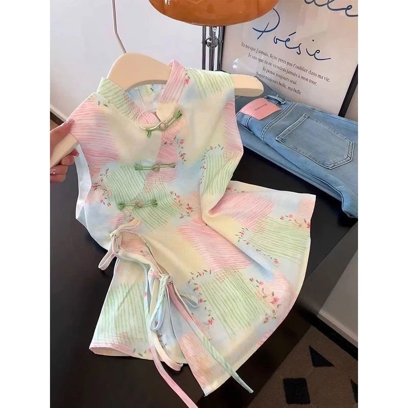 新中式温婉印花绑带立领无袖衬衫女夏季绝美彩色拼接盘扣气质上衣