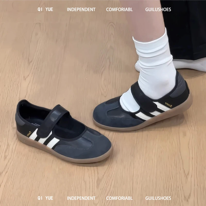 复古圆头休闲运动玛丽珍鞋女2025新款轻便百搭一字魔术贴芭蕾舞鞋