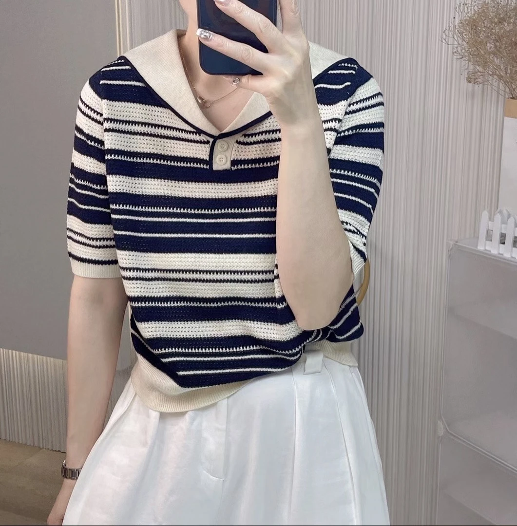 女式秋季新品时尚休闲条纹v领中袖针织衫翻领休闲针织衫