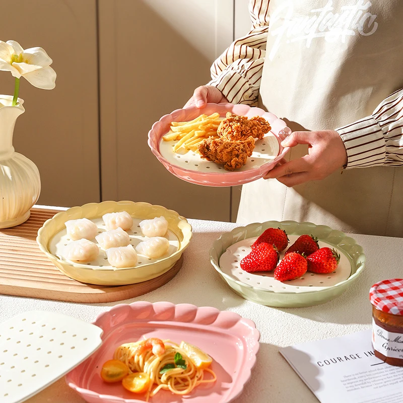 【索西家居】花韵饺子盘陶瓷多功能沥油沥水果盘收纳蒸饭盘双层烤盘