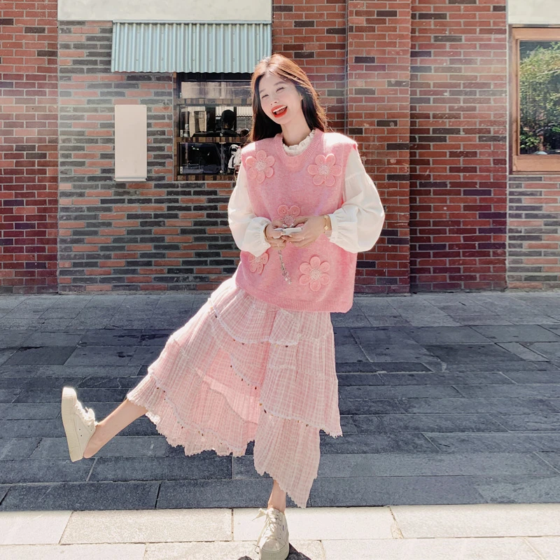 甜美少女风针织花朵马甲衬衫半身裙2025春秋新款减龄可爱风三件套