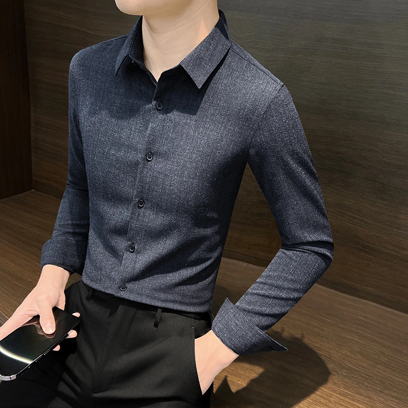 磨毛衬衫男长袖春季轻奢高级感商务男装衣服内搭韩版修身西装衬衫