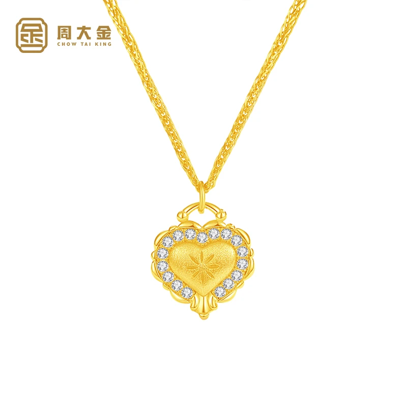 坠链均925银 周大金拉丝爱心项链女纯银锁骨国潮轻奢女款时尚百搭