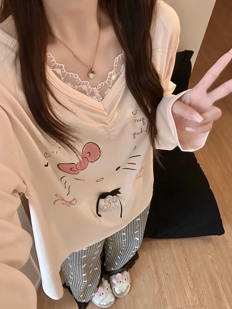 甜美纯欲风性感V领凯蒂猫蕾丝花边睡衣女碎花宽松格纹睡裤ins套装