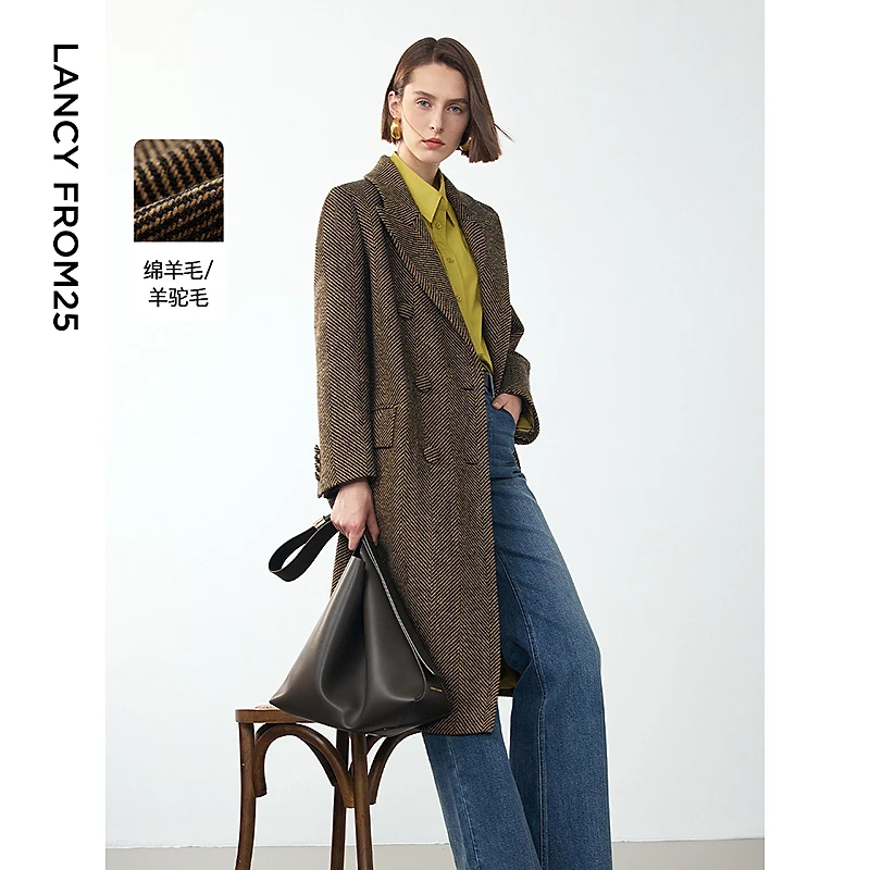 朗姿2024冬新款复古双排扣高级感法式时尚西装大衣中长款毛呢外套