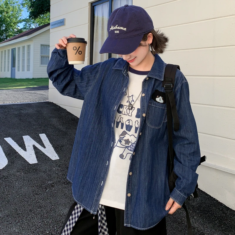 森女部落可爱猫咪刺绣牛仔衬衫外套女2025新款秋百搭宽松长袖上衣