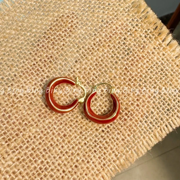 铜合金耳饰 韩系复古红耳扣~精致ins百搭秋冬气质显白耳环 A100