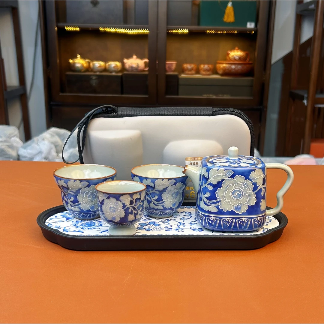 ZH3652-汝窑青花双耳壶快客旅行套+茶盘