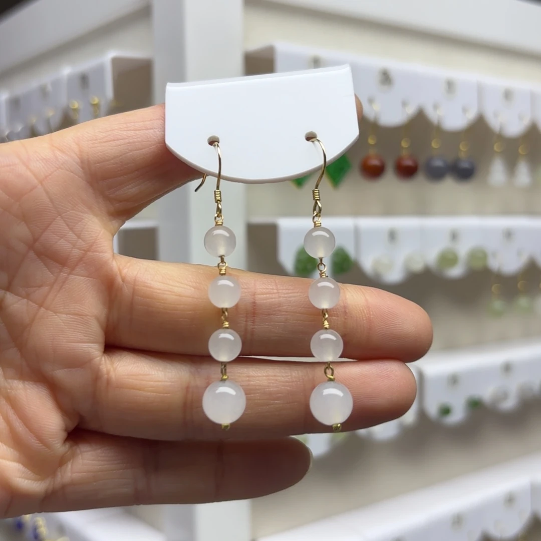 石英质玉（金丝玉）银S925镶嵌耳饰