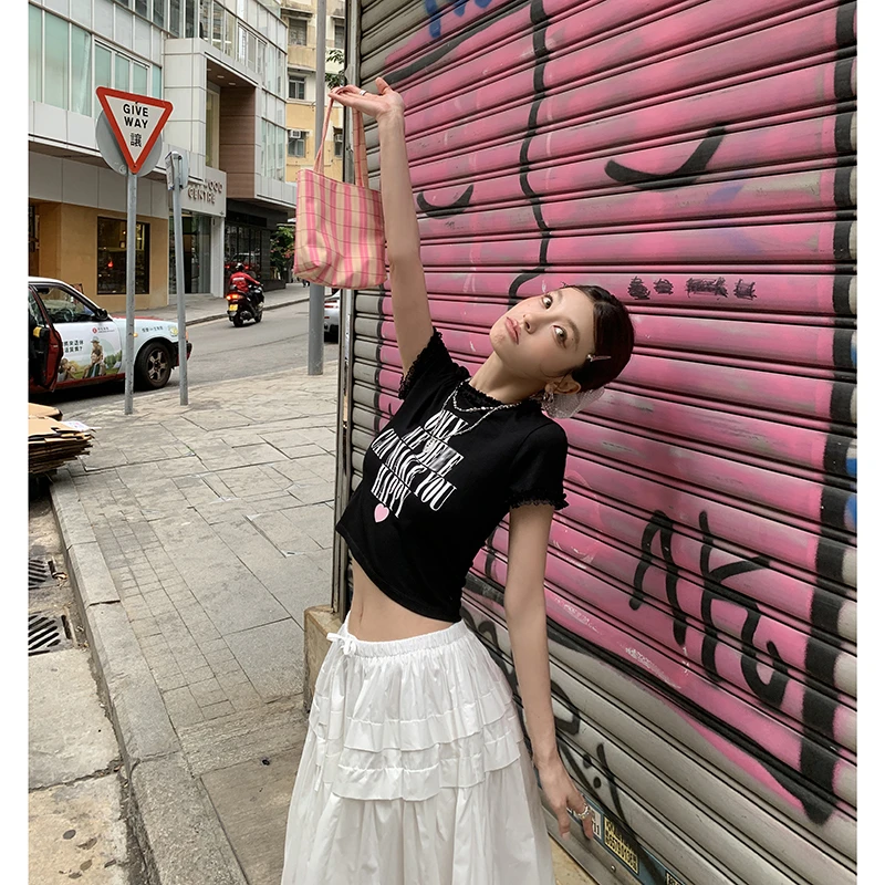 【甜心骑士】多巴胺蕾丝边字母短袖T恤女外穿短上衣4184